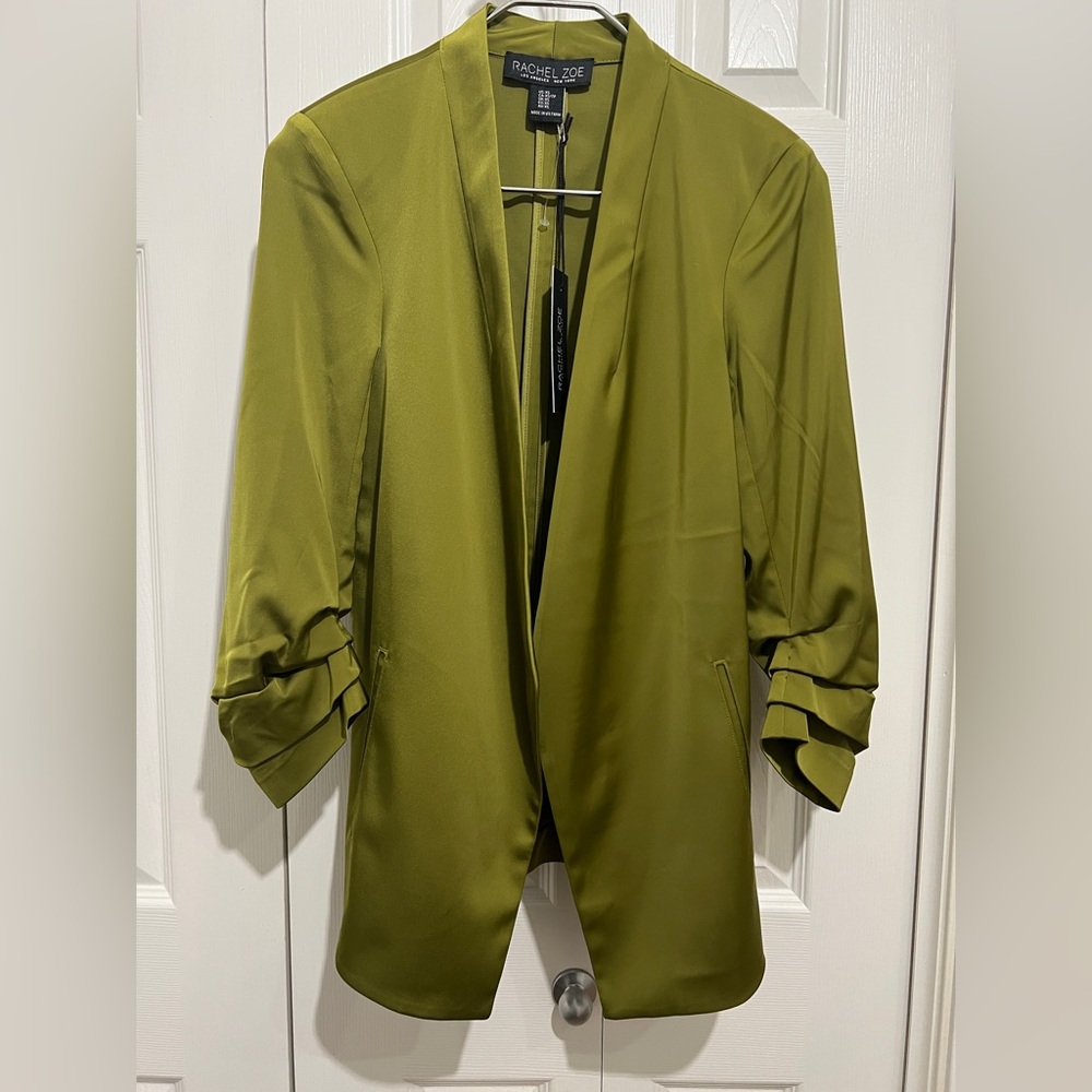Rachel Zoe olive satin gathered sleeves blazer size:XS